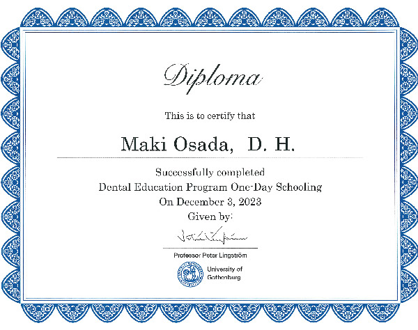 ヨーテボリ大学 One-day歯科教育プログラム受講認定証